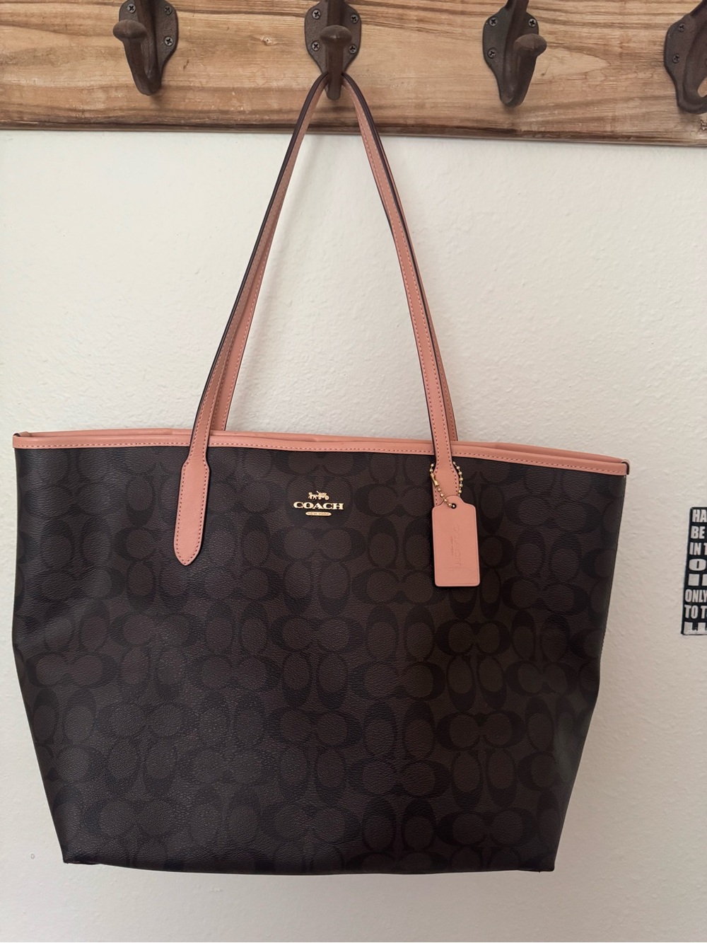 Coach Brown Signature Tote with Pink Trim and Tag